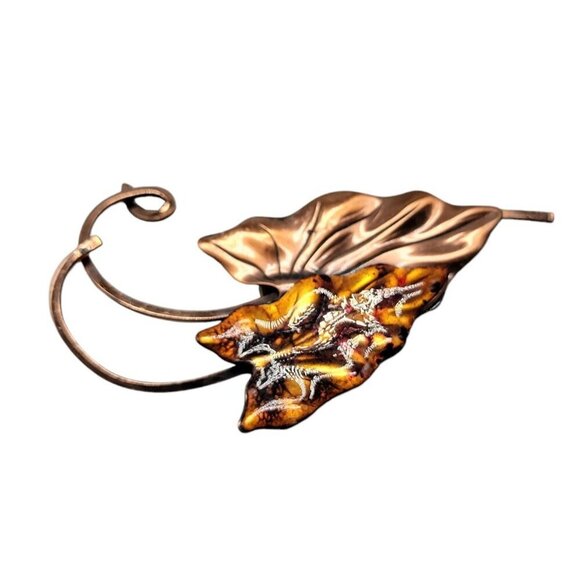 Matisse Renoir Brooch Large Vintage Signed Copper & Enamel Double Leaf Pin - Picture 2 of 10